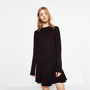 Zara Black Long Sleeve Drop Waist Shift Cotton Mini Dress L